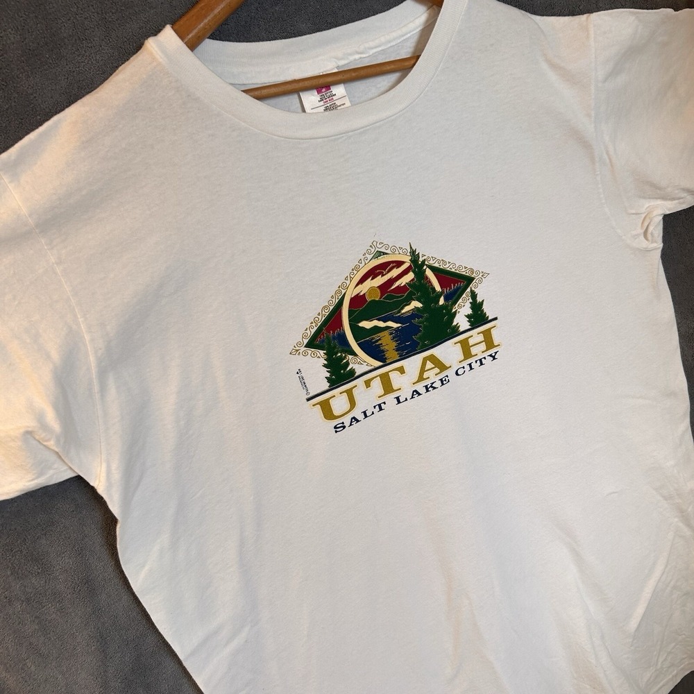 VTG Utah Salt Lake City Embroidered White S/Sleeve Single Stitch USA T-shirt XL
